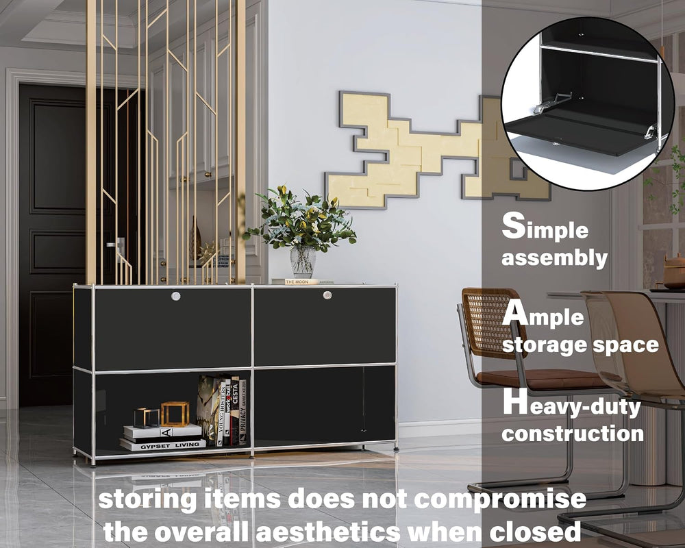 Metal Storage Cabinet, Mid-Century Sideboard, 2 Flap Doors, H60