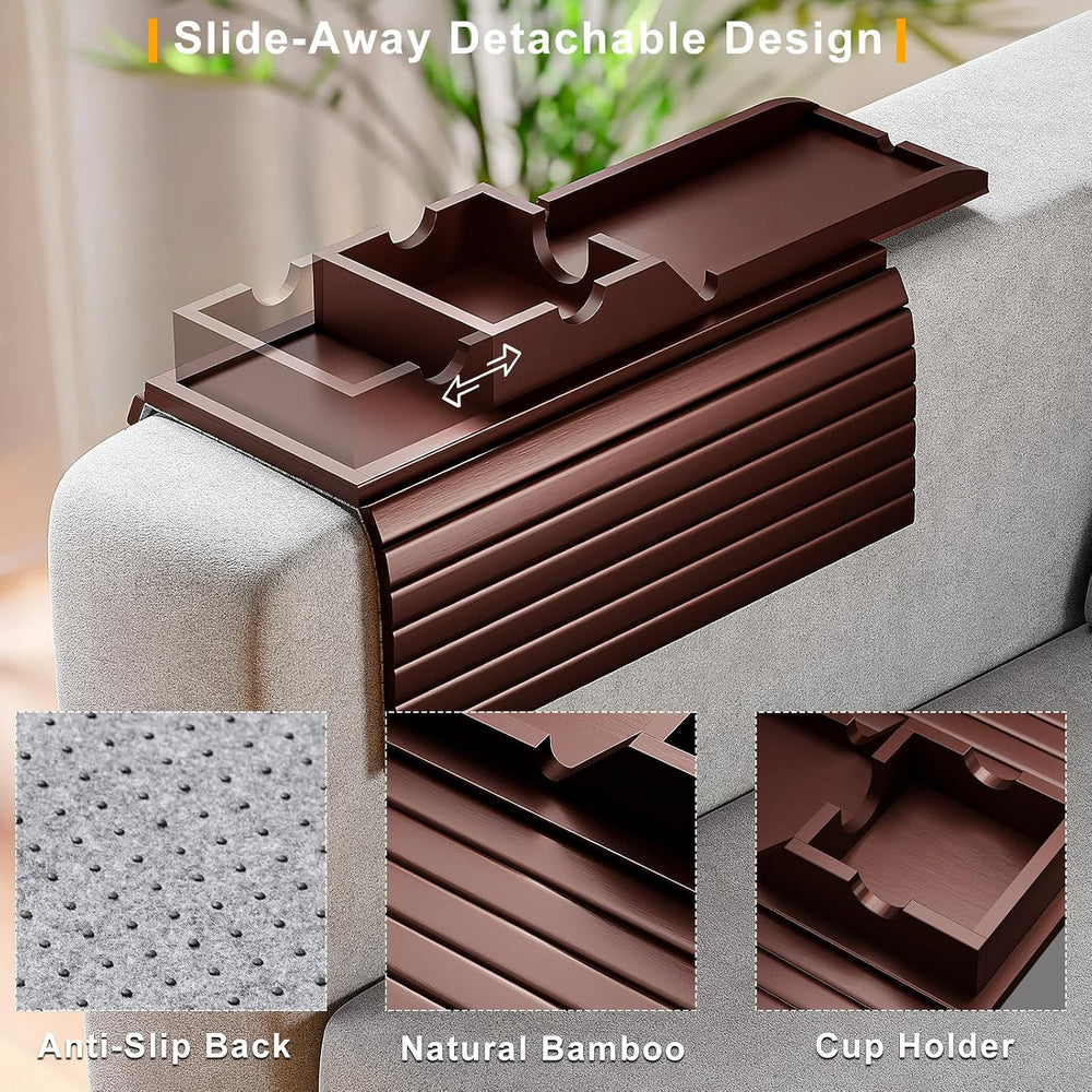 Bestjing Bamboo Couch Armrest Table with Detachable Cup Holder Tray(Walnut)