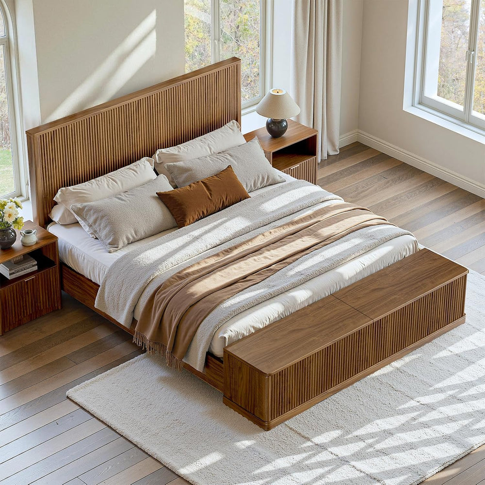 Evermagin Fluted Walnut King Bed Frame with 51'' Headboard & Stor...