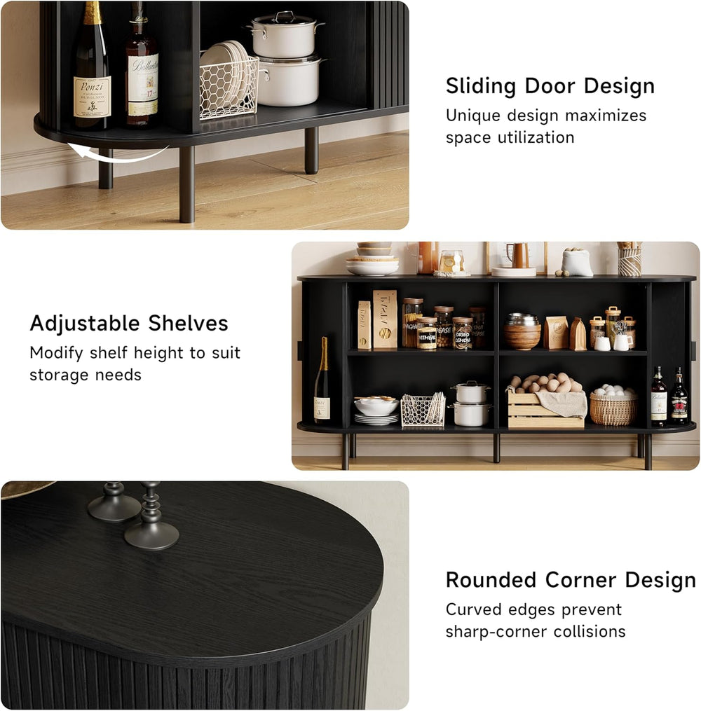ComfyCorner 63" Fluted Buffet Sideboard Cabinet with Sliding Door, Black