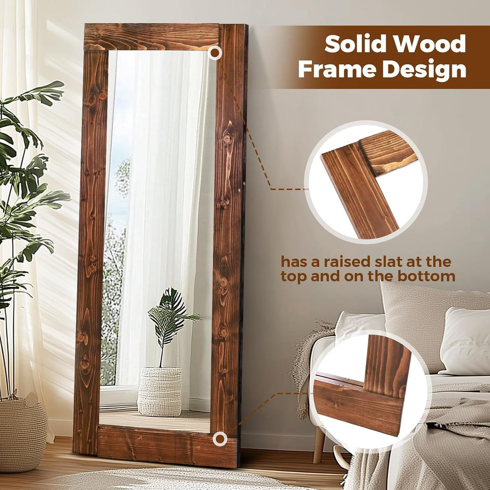 58x24in Full Length Mirror, Solid Wood Convex Frame, Brown