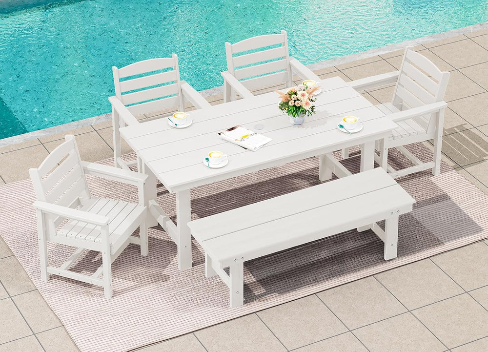 SERWALL Outdoor Dining Set, Patio Dining Set with Bench, White