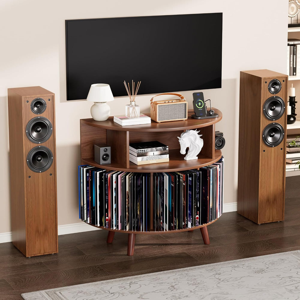 31.5" Record Player Stand with Power Outlet, Curved Vinyl Storage Cabinet