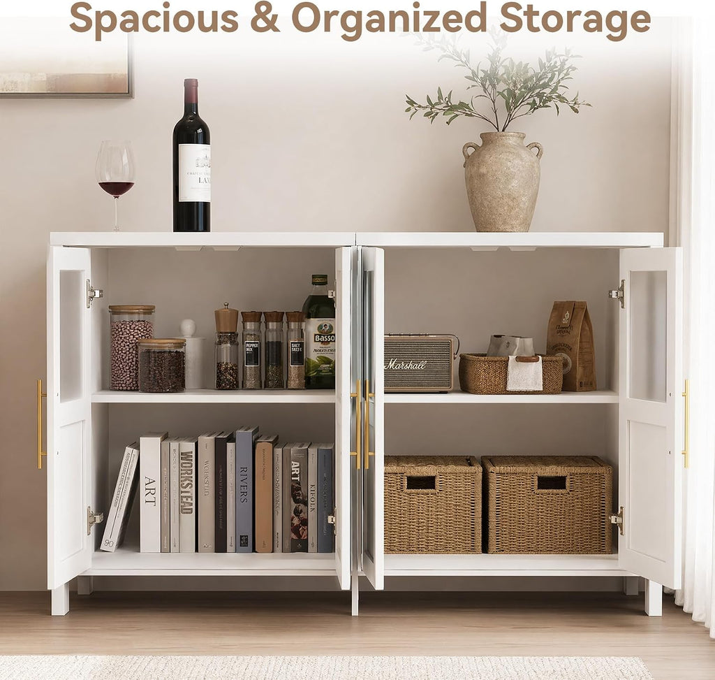 55" Sideboard Cabinet with Glass Doors, Large Buffet Cabinet with Storage and Shelves, Modern Accent Console Table for Dining Room Living Room Entryway (White a)