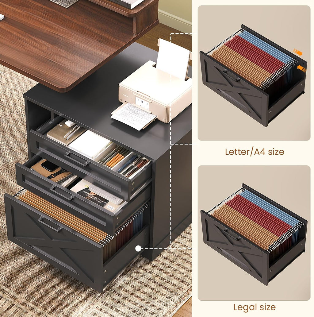 SEDETA Farmhouse Electric Standing Desk with 3 Drawers and File Cabinet