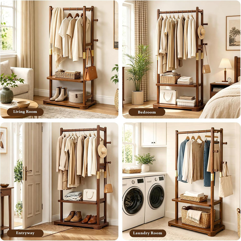 Taitiy Coat Rack Solid Wood Clothes Rack Storage, 2 Shelves 5 Hooks