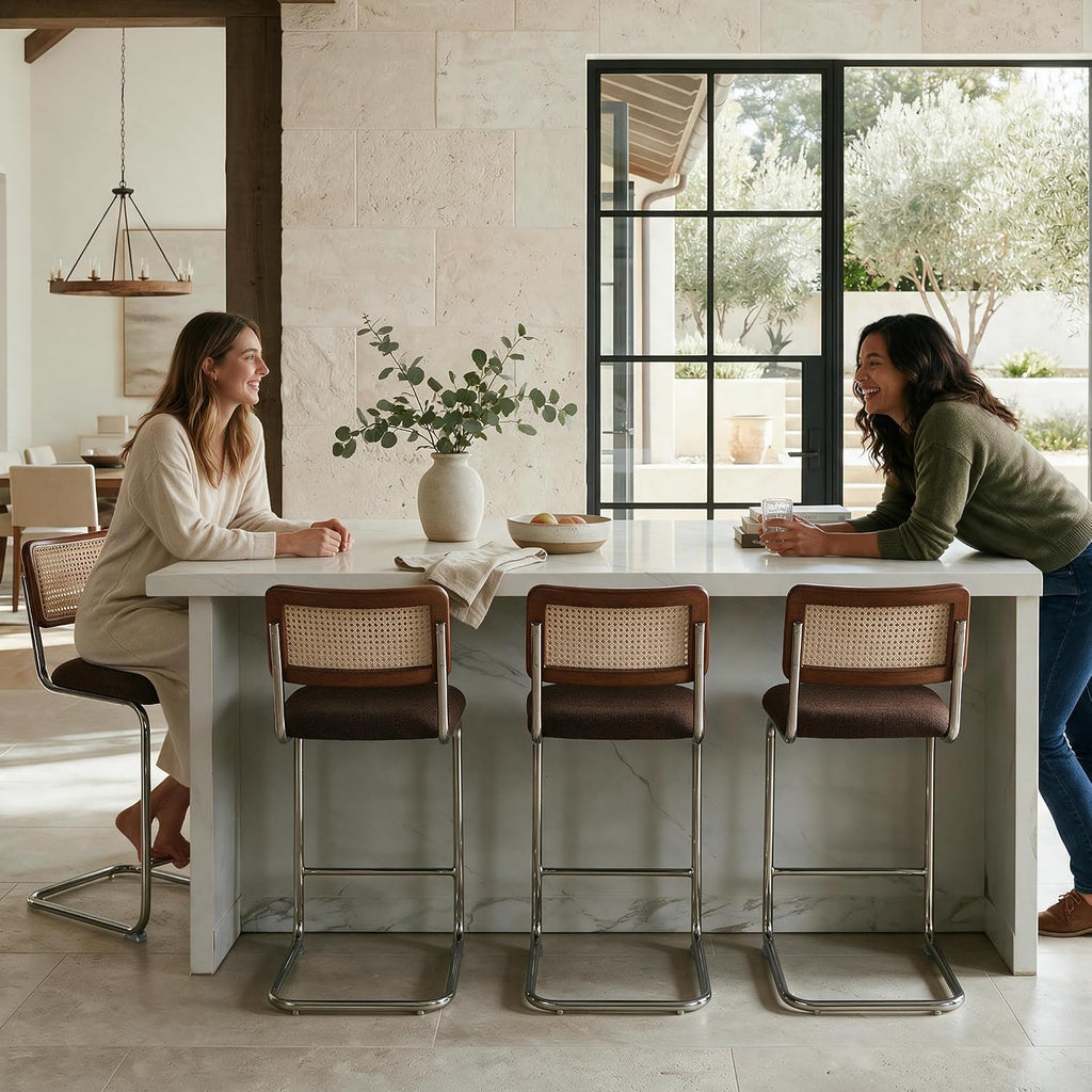 GrandNoor Natural Rattan Counter Height Stools Set of 3 with Solid Wood Back, 24 Inch Mid Century Modern Cesca Bar Stools, Brown Upholstery Boho Stool for Kitchen Counter with Chrome Metal Legs