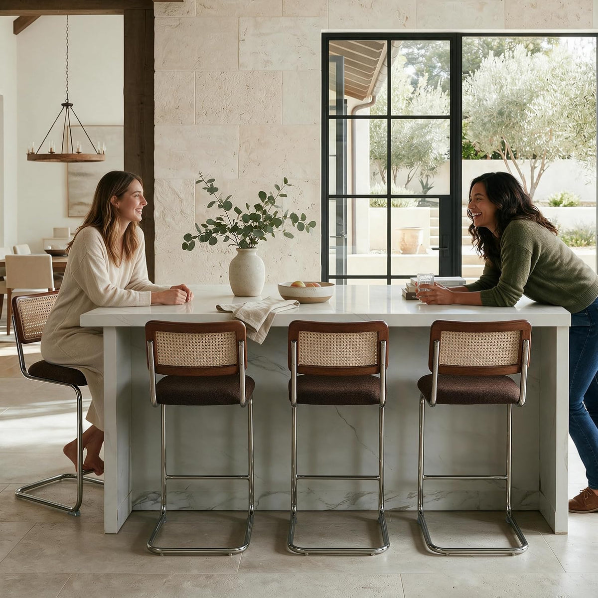 GrandNoor Natural Rattan Counter Height Stools Set of 3 with Solid Wood Back, 24 Inch Mid Century Modern Cesca Bar Stools, Brown Upholstery Boho Stool for Kitchen Counter with Chrome Metal Legs