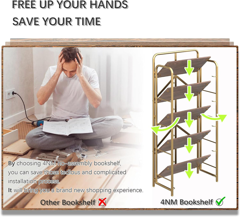 4NM No Assembly Folding Bookshelf, 5 Tier Collapsible Book Shelves Open Indus...