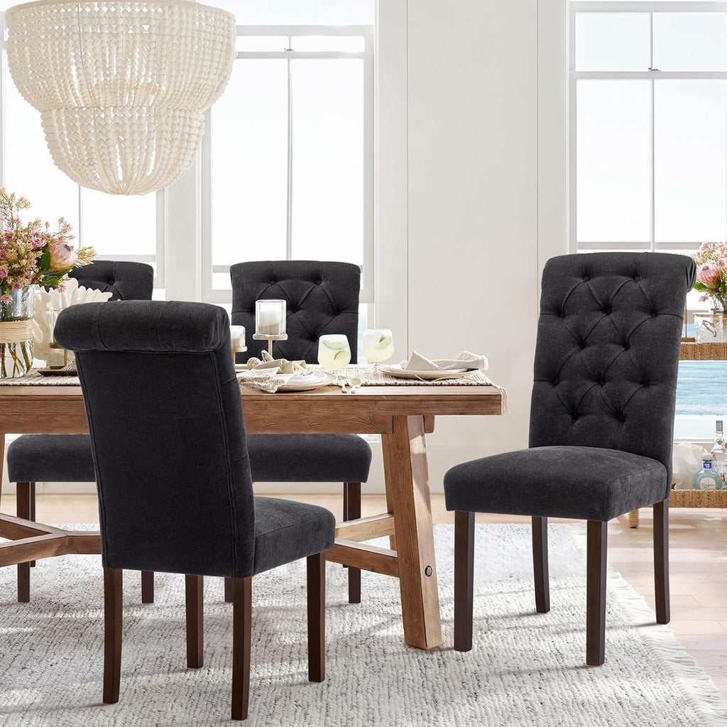 COLAMY Button Tufted Dining Chairs Set of 2, Accent Parsons Diner Upholstered Fabric Dining Room Stylish Kitchen Chairs with Solid Wood Legs and Padded Seat, Black