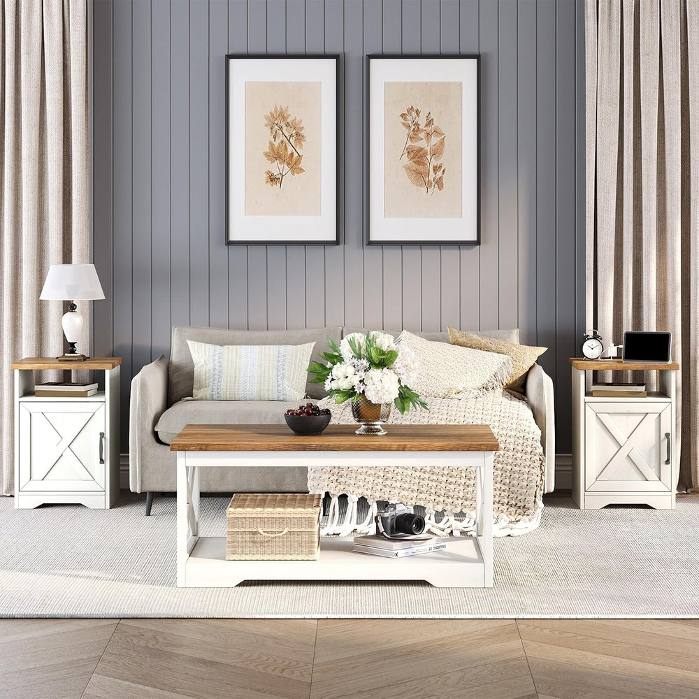 LUXOAK 3 Piece Living Room Table Set with Barn Door, Distressed White