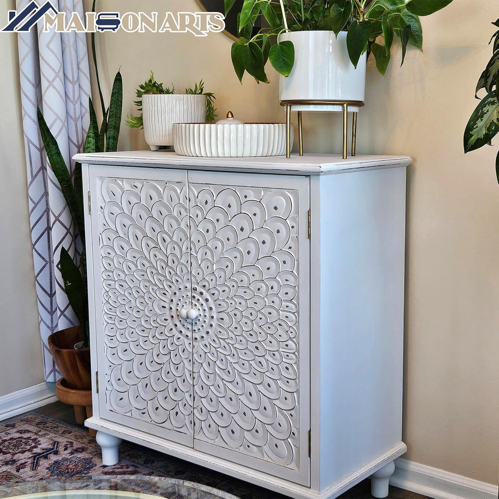 MAISON ARTS Accent Cabinet with Doors, Carved Wood Decorative Cabinet