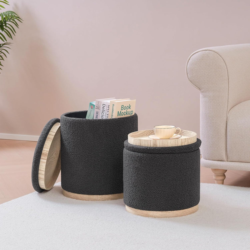PINPLUS Round Storage Ottoman Set of 2, Dark Grey Boucle Stools with Tray