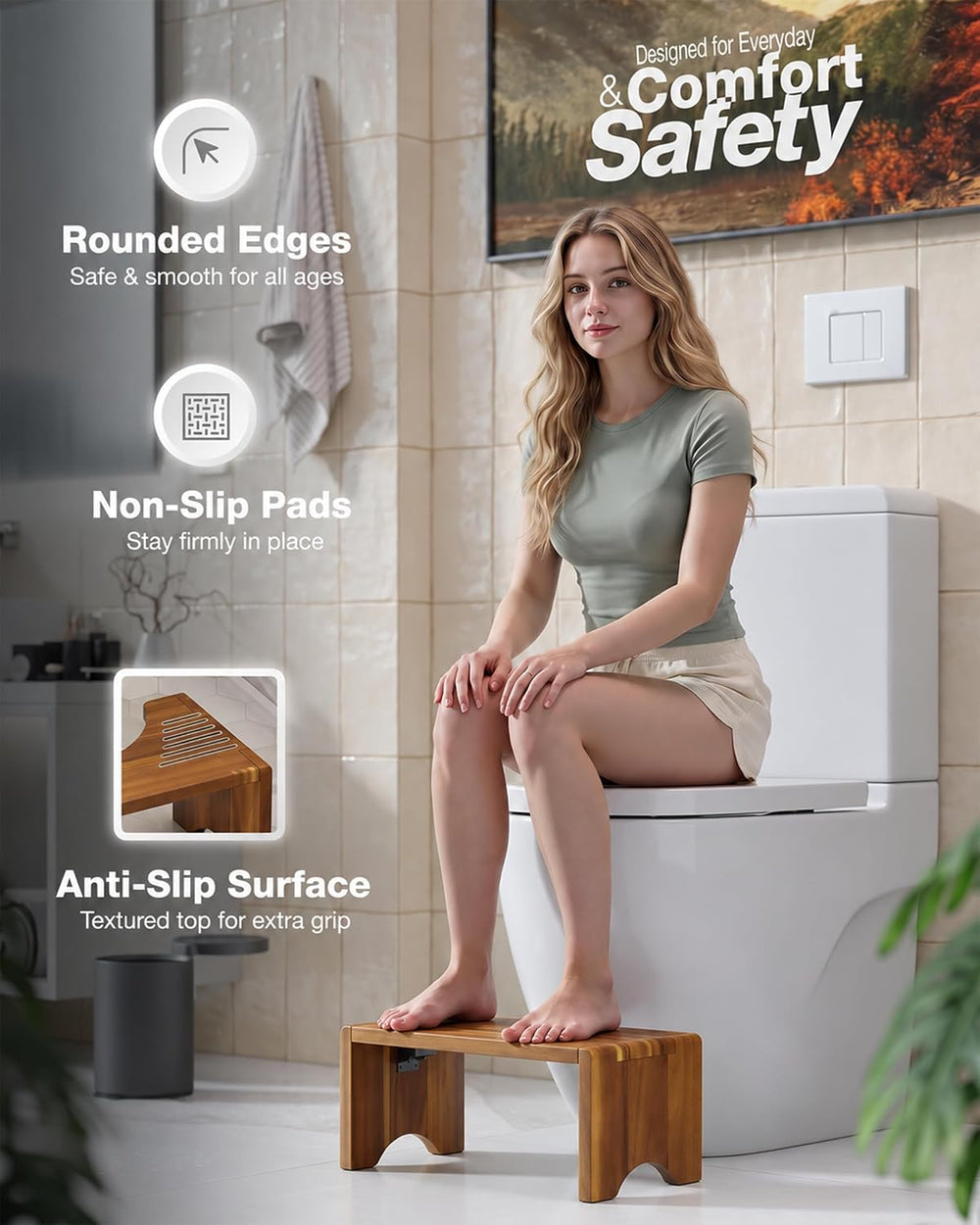 7" Acacia Wood Foldable Toilet Stool, Sturdy Wooden Poop Stool