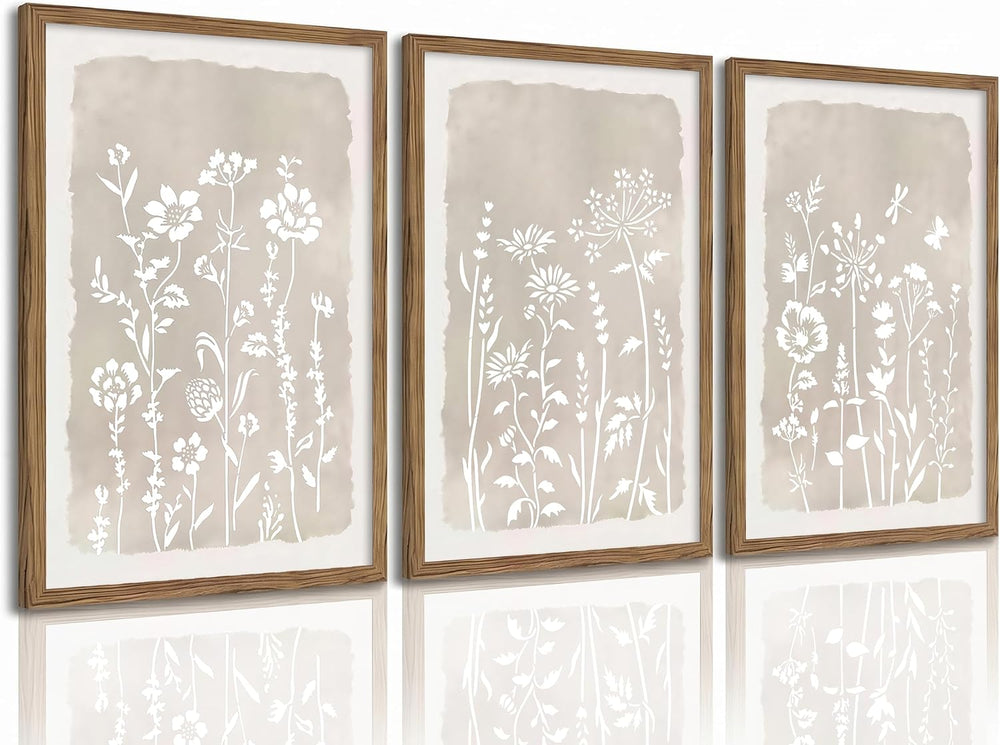 Neutral Floral Wall Art Set of 3, Brown Framed Botanical Canvas Prints