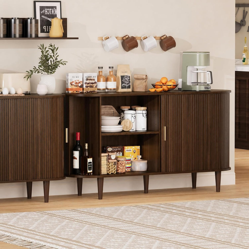 DHH Sideboard Buffet Cabinet with Storage,Mid Century Modern Fluted Accent Coffee Bar Console Table,Tambour Sliding Doors& Adjustable Shelf for Kitchen, Living Room, Entryway(Walnut,55 Inch)