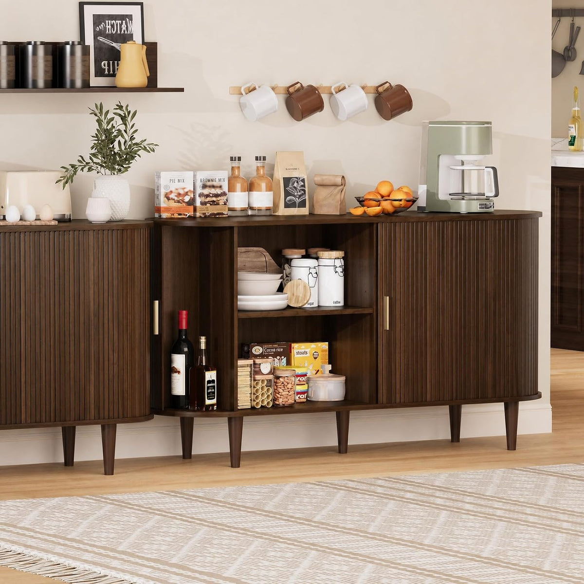 DHH Sideboard Buffet Cabinet with Storage,Mid Century Modern Fluted Accent Coffee Bar Console Table,Tambour Sliding Doors& Adjustable Shelf for Kitchen, Living Room, Entryway(Walnut,55 Inch)