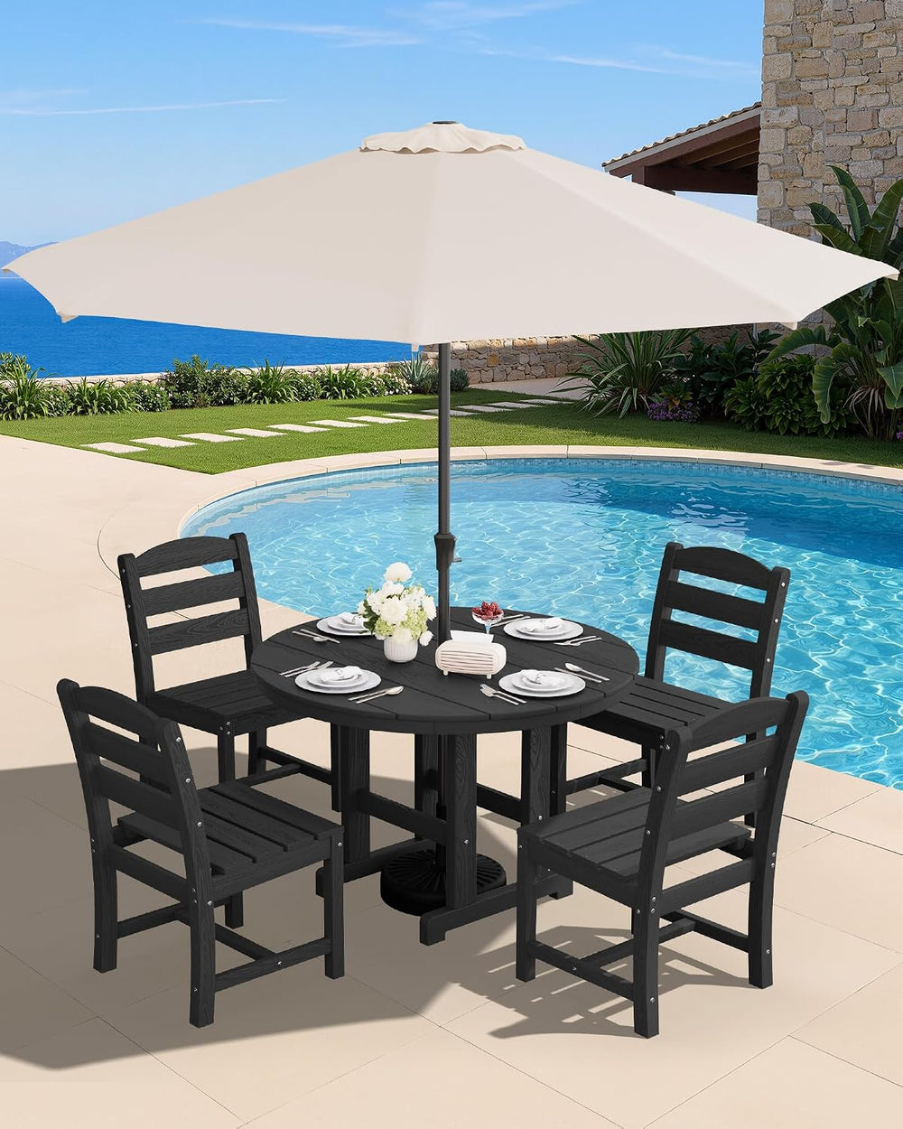 SERWALL 5-Piece Patio Dining Set, 45" Table & 4 Armless Chairs, Black
