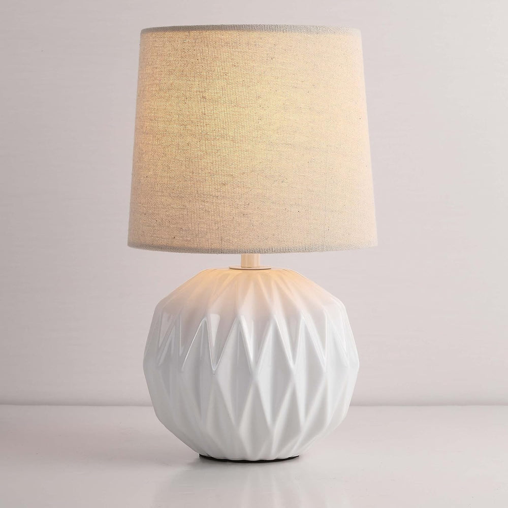 White Ceramic Table Lamp, Geometric Textured Small Bedside Lamp with Linen Sh...