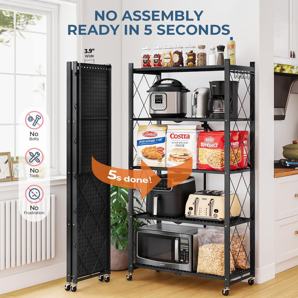 5-Tier Folding Metal Storage Rack - 63" Heavy-Duty Steel Frame with Whee...