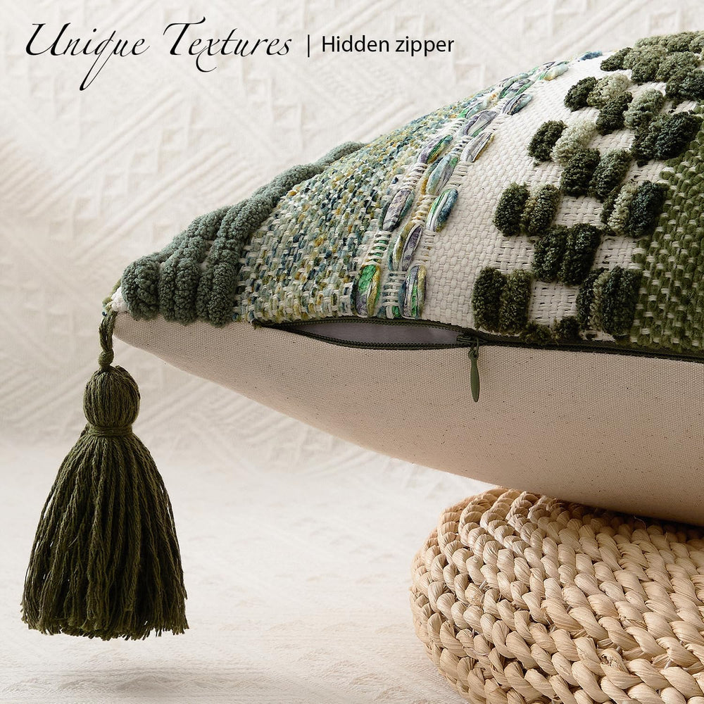 Kevin Textile Boho Tufted 18x18 Inch Pillow Cover 1 Pack, Green