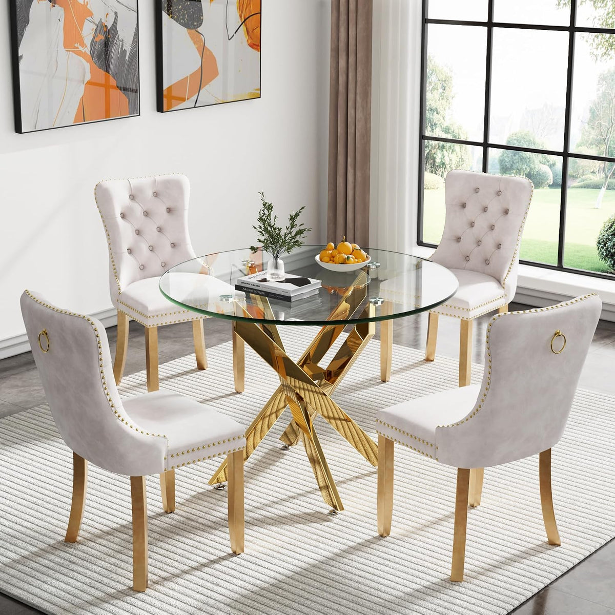 36" Modern Gold Glass Dining Room Table Set for 4, 5-Piece Round Kitchen Dining Table Set with Cross Metal Legs and 4 Beige Velvet Upholstered Chairs, Glass Kitchen Table and Chairs Set