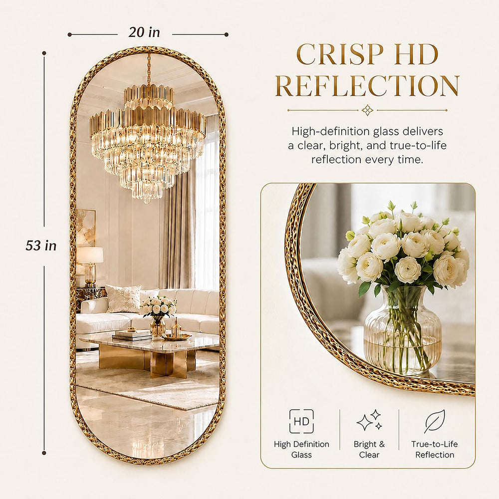 20"x53" Long Oval Full Length Wall Mounted Mirror, Antique Gold