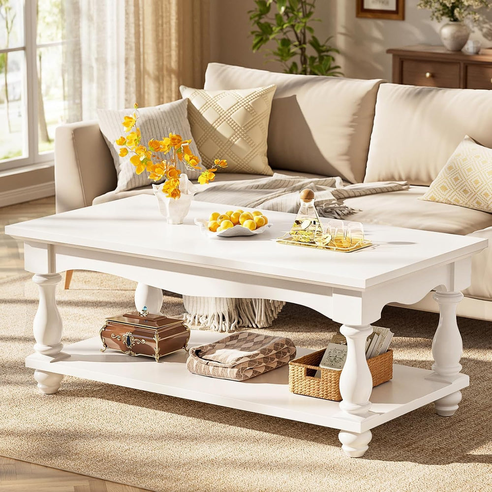 Besiost 47" Farmhouse Coffee Table with 2-Tier Storage, White