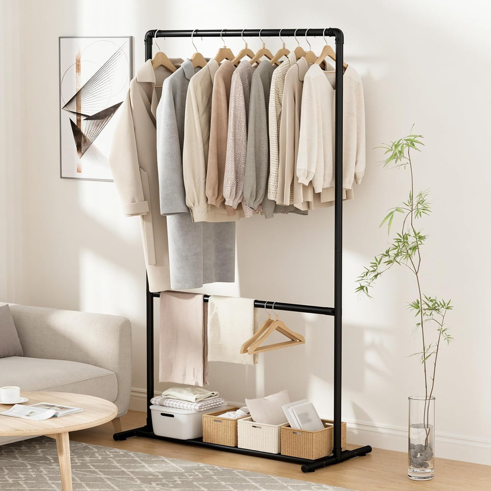 Freestanding Clothing Rack, Metal Hanging Rails, Black, 39x18x67 In