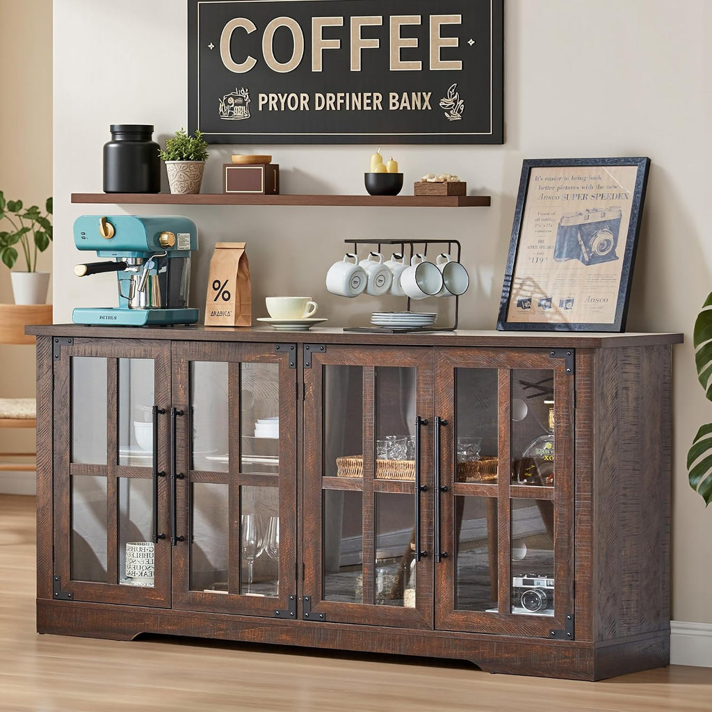 AMERLIFE Farmhouse 63" Buffet Sideboard Cabinet with Glass Door, Brown
