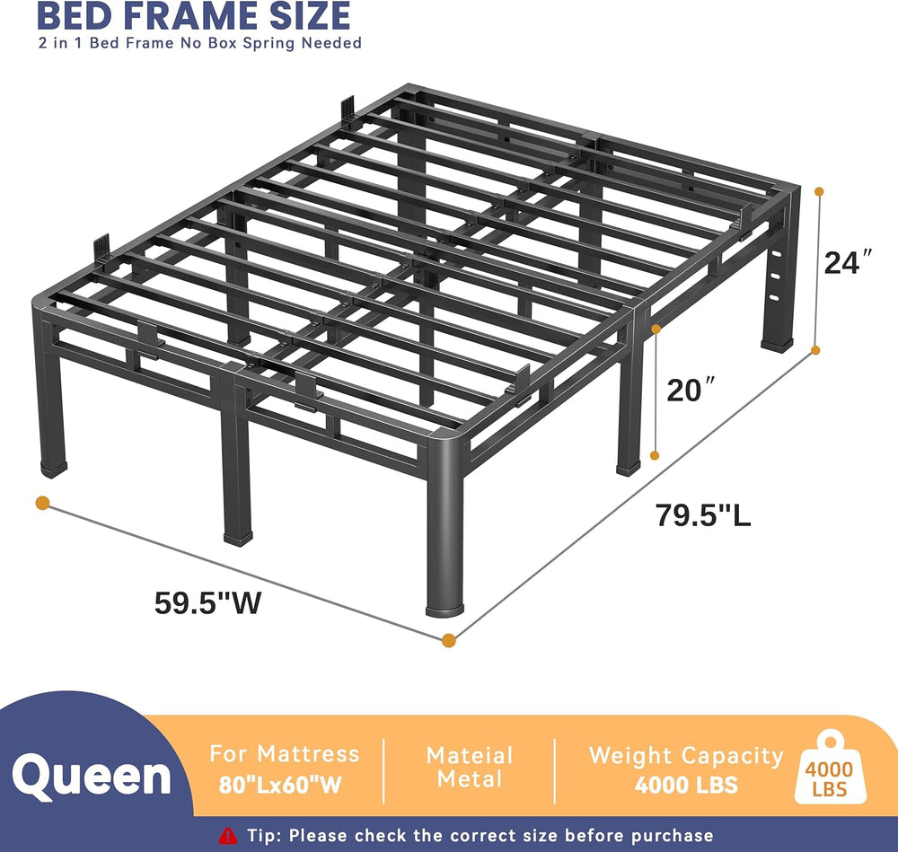 Bed Frame Queen Size 24 Inch Tall,Double Layer Heavy Duty Metal Platform