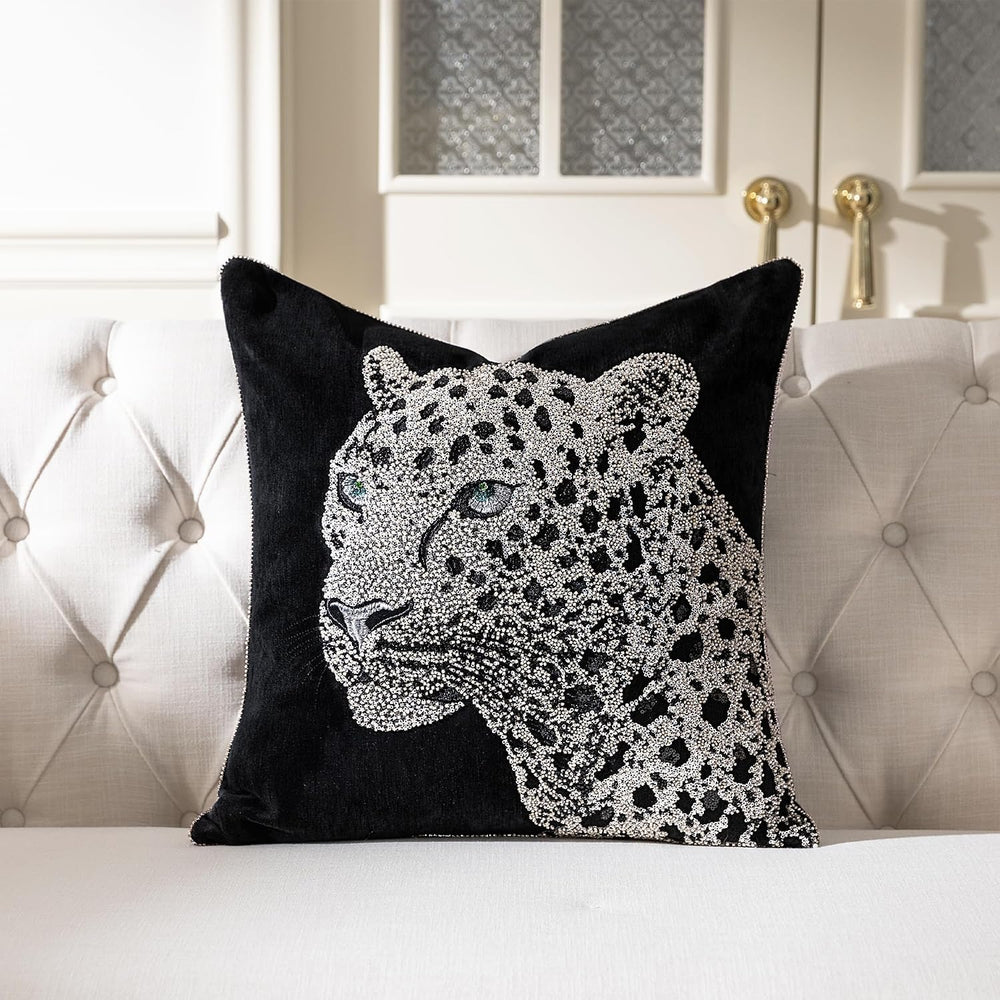 Luxury Embroidered Leopard Throw Pillow Cover 20x20 inch, 1 Piece