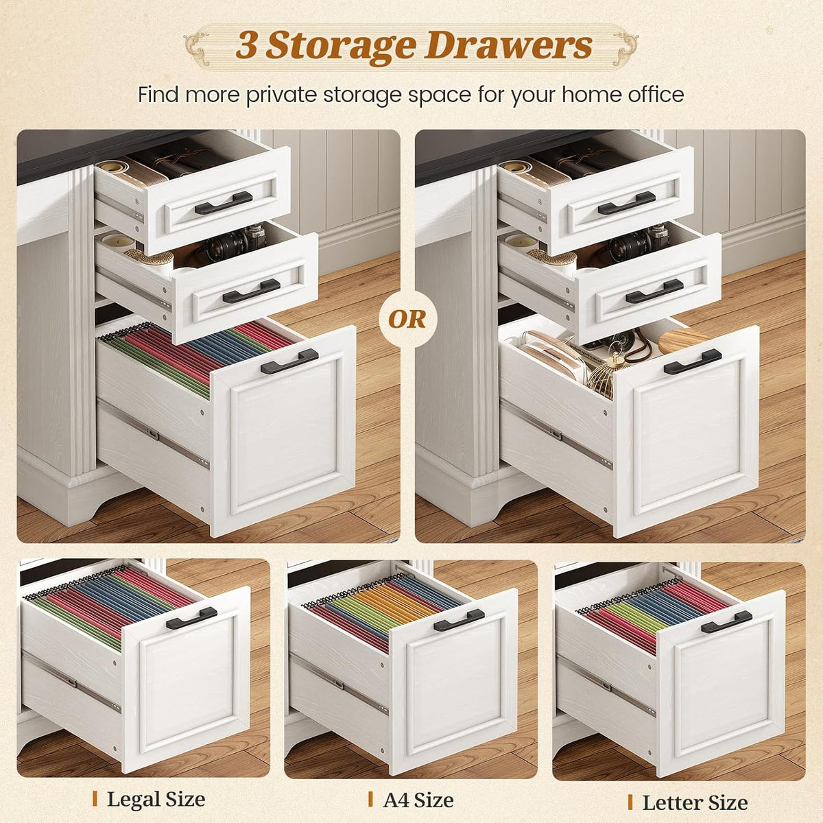 SEDETA Farmhouse Computer Desk with Hutch and 3 Drawers, 47.2" Executive Office Desk with Storage Drawers, Wood Desk with Power Outlet for Home Office, White