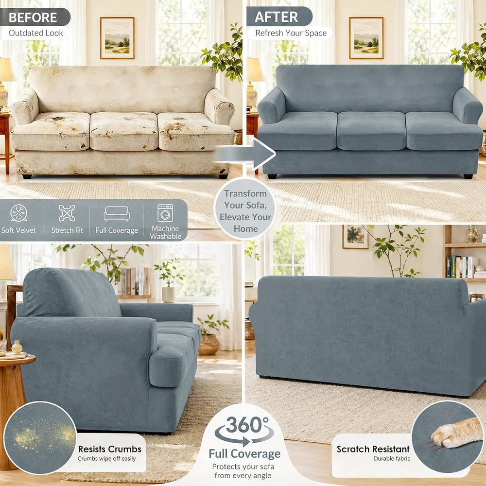 YEMYHOM Real Velvet 2 Pieces T Cushion Chair Covers with Arms Super Stretch C...