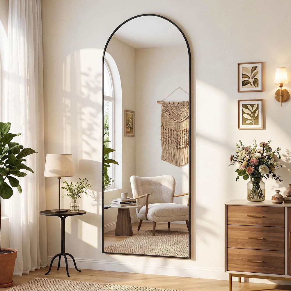Suidia 58"x20" Arched Full Length Mirror with Stand, Black Floor Mi...