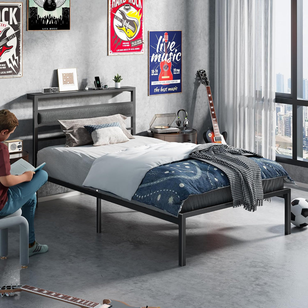 OURPIC Twin Bed Frames, Upholstered Headboard and Storage Shelf, Black
