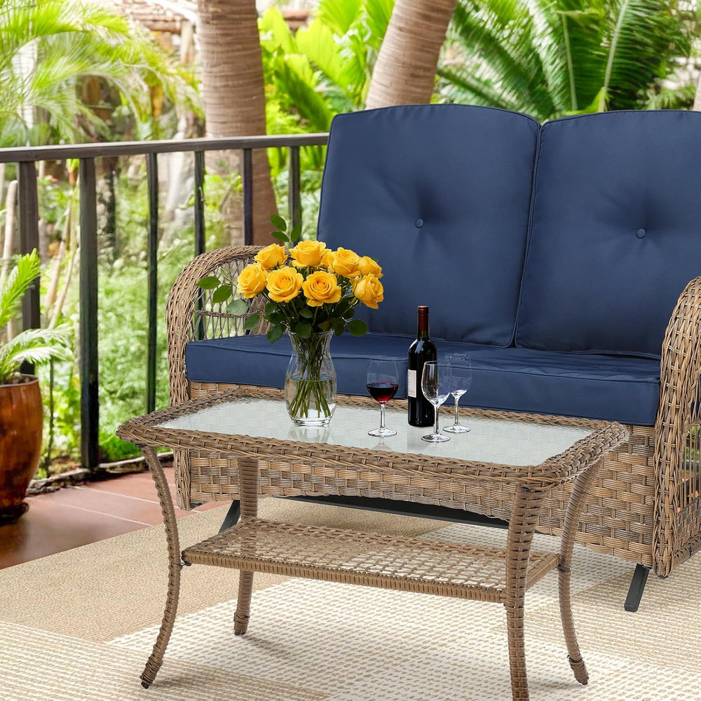 MEETWARM Wicker Patio Coffee Table, 34.5" Rectangle Outdoor Coffee Table...
