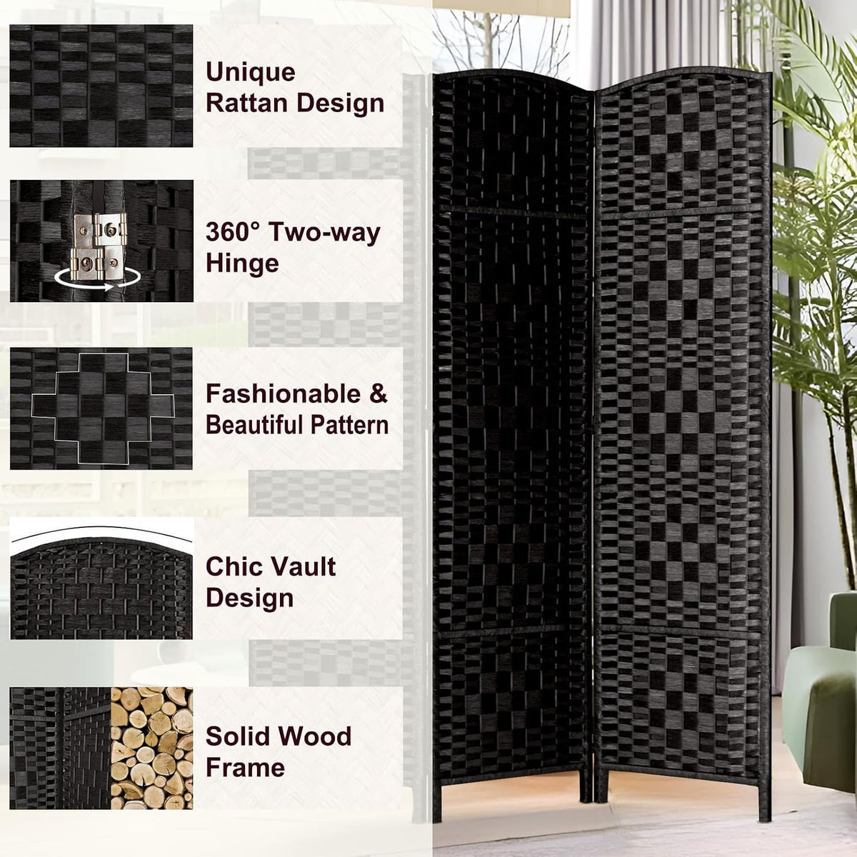 RHF Room Divider Panel,Partition Room Dividers,3Panel Privacy Screen,Black