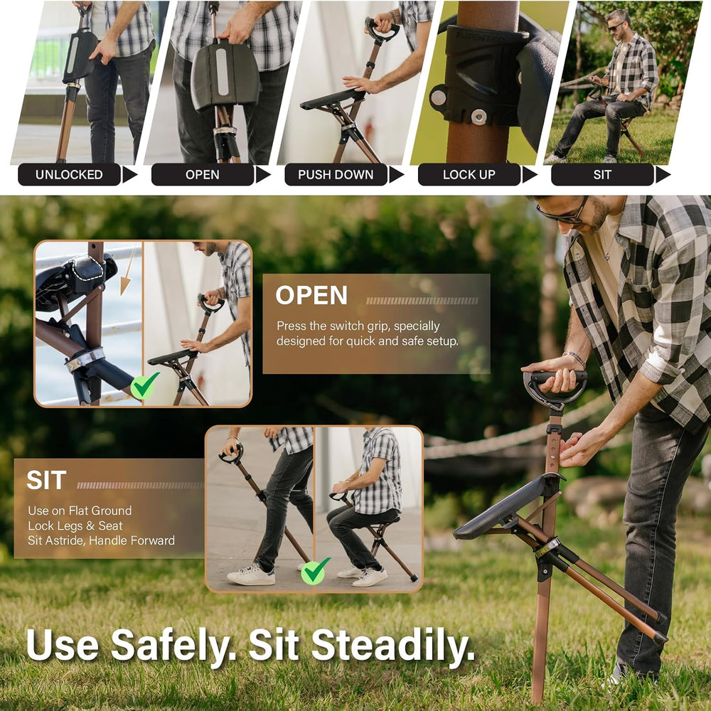 STEP2GOLD Ta-Da Chair S2 PRO MAX, Walking Stick with Chair, Cane with Seat