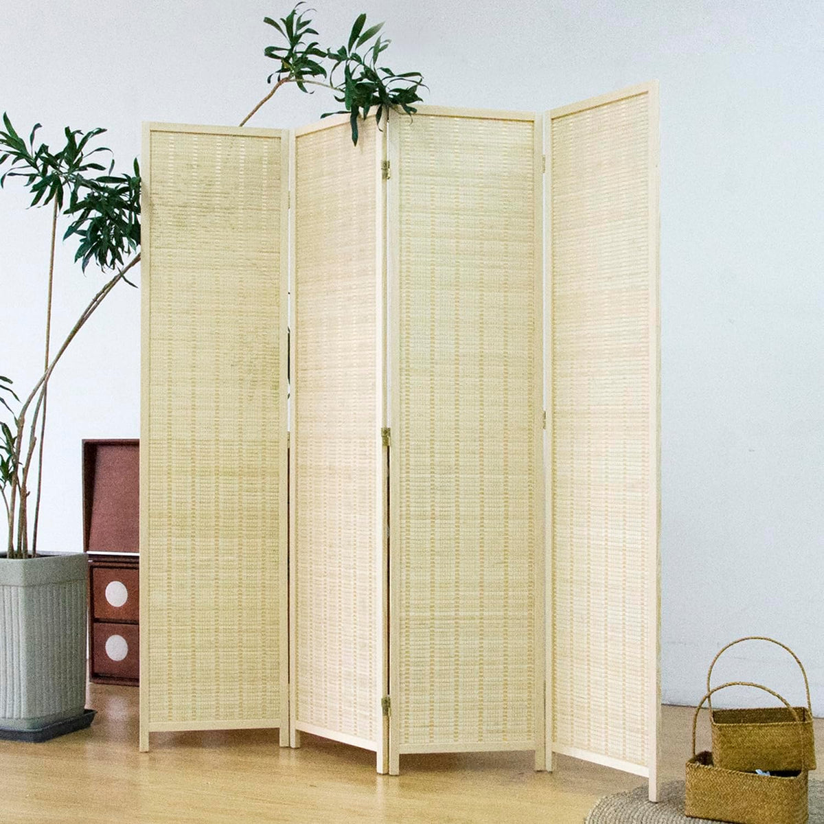 Furnnylane 4 Panel Bamboo Room Divider - 5.6 ft Tall Folding Privacy Screen, Natural Beige Freestanding Partition Wall for Home Office & Room Separation (67" H x 61.4" W)