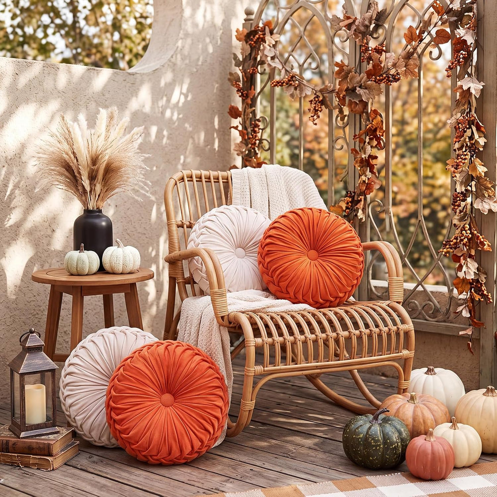 Kathfly 4 Pcs Round Throw Pillows Velvet Pleated Pillows, Cream, Orange