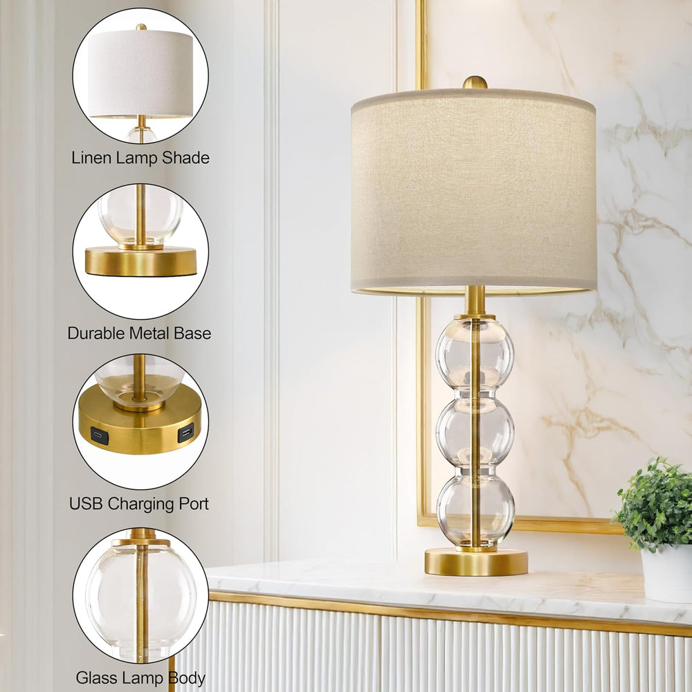 Oneach 25" Glass Table Lamps Set of 2, Gold Modern Table Lamps with USB ...