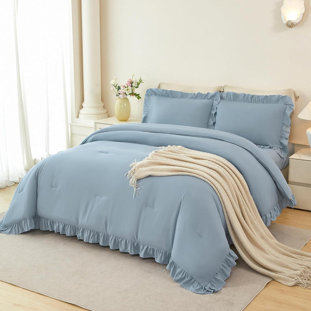 ANGIYUIN 5Pcs King Size Comforter Sets Dusty Blue Ruffle Bedding Sets