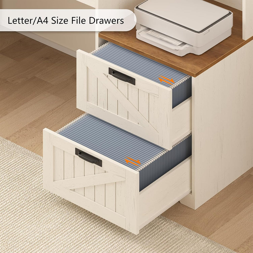 63" Farmhouse L Shaped Desk with Drawers and Printer Stand for Home Office