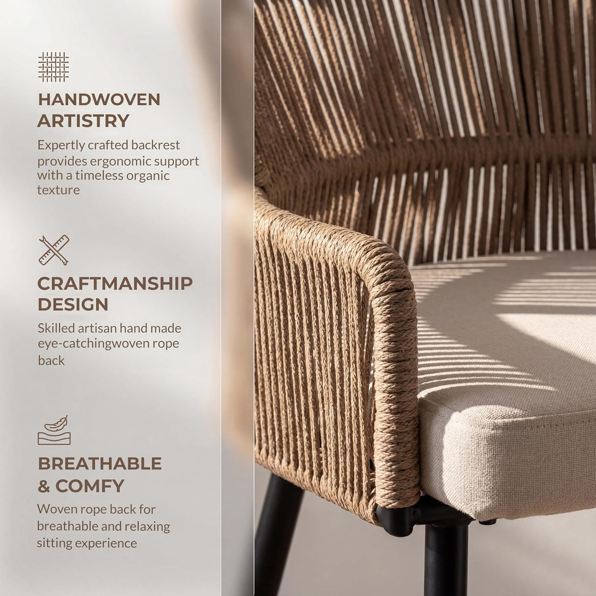 HNY Farmhouse Woven Bar Stools Set of 3, 26 Inch Linen Upholstered Rattan Barstools with Curved Backs, Modern Cane Counter Height Bar Chairs with Metal Legs and Armrest for Kitchen Island, Beige