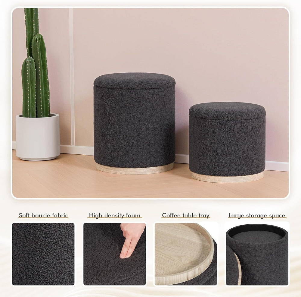 PINPLUS Round Storage Ottoman Set of 2, Dark Grey Boucle Stools with Tray