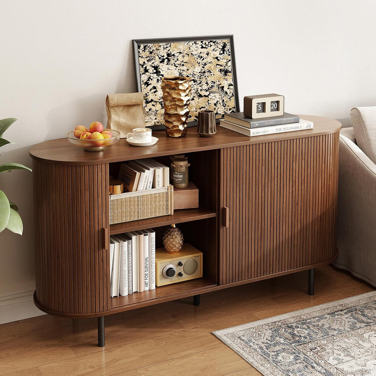 ONBRILL 55" Sideboard Buffet Cabinet, Sliding Door/Adjustable Shelf, Walnut