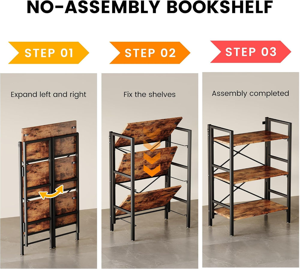 Homeiju Folding Bookshelf No Assembly, 3 Tier Bookcase Foldable Shelf