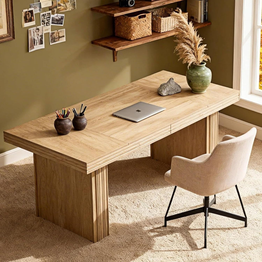 Tribesigns Modern Office Desk, Home Office Table with Wide Fluted Legs, Moder...