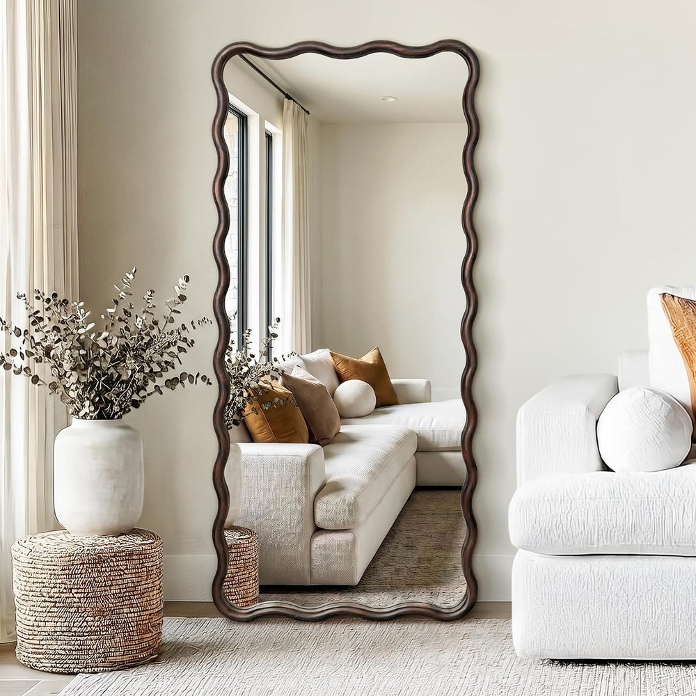 Full Length Mirror, 56”x24” Wavy Floor Mirror Wood Framed,Dark Brown